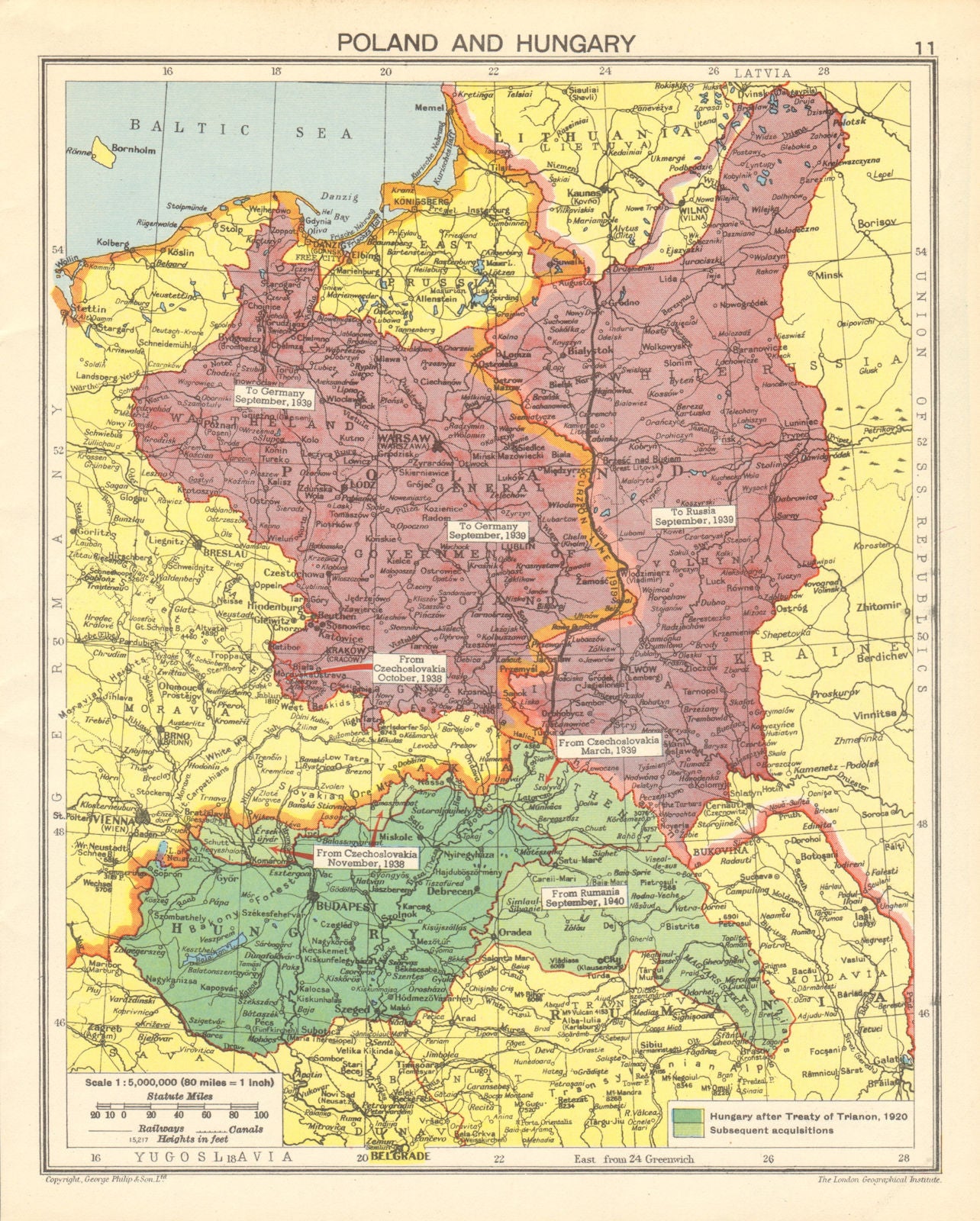 SECOND WORLD WAR division of Poland. Hungary expansion. Curzon line 1942 map